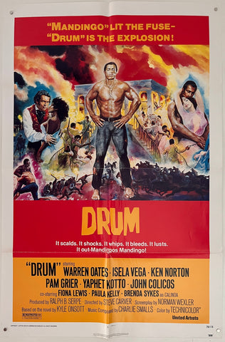 Vibrant red and yellow movie poster for 1976 film drum with muscular shirtless man center stage against explosive backdrop