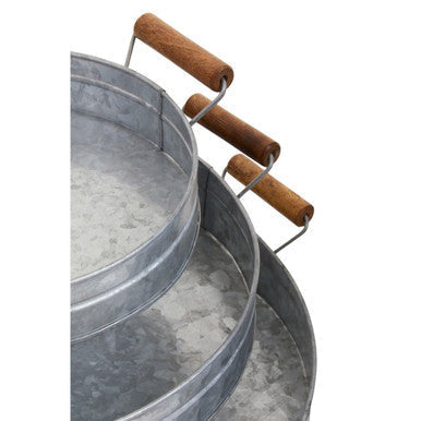 Stainless steel three round galvanised tiered serving trays with wooden handles perfect for parties and snacks