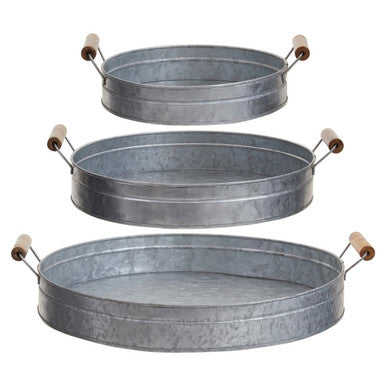 Set of three round galvanised steel trays with wooden handles perfect for serving and decor