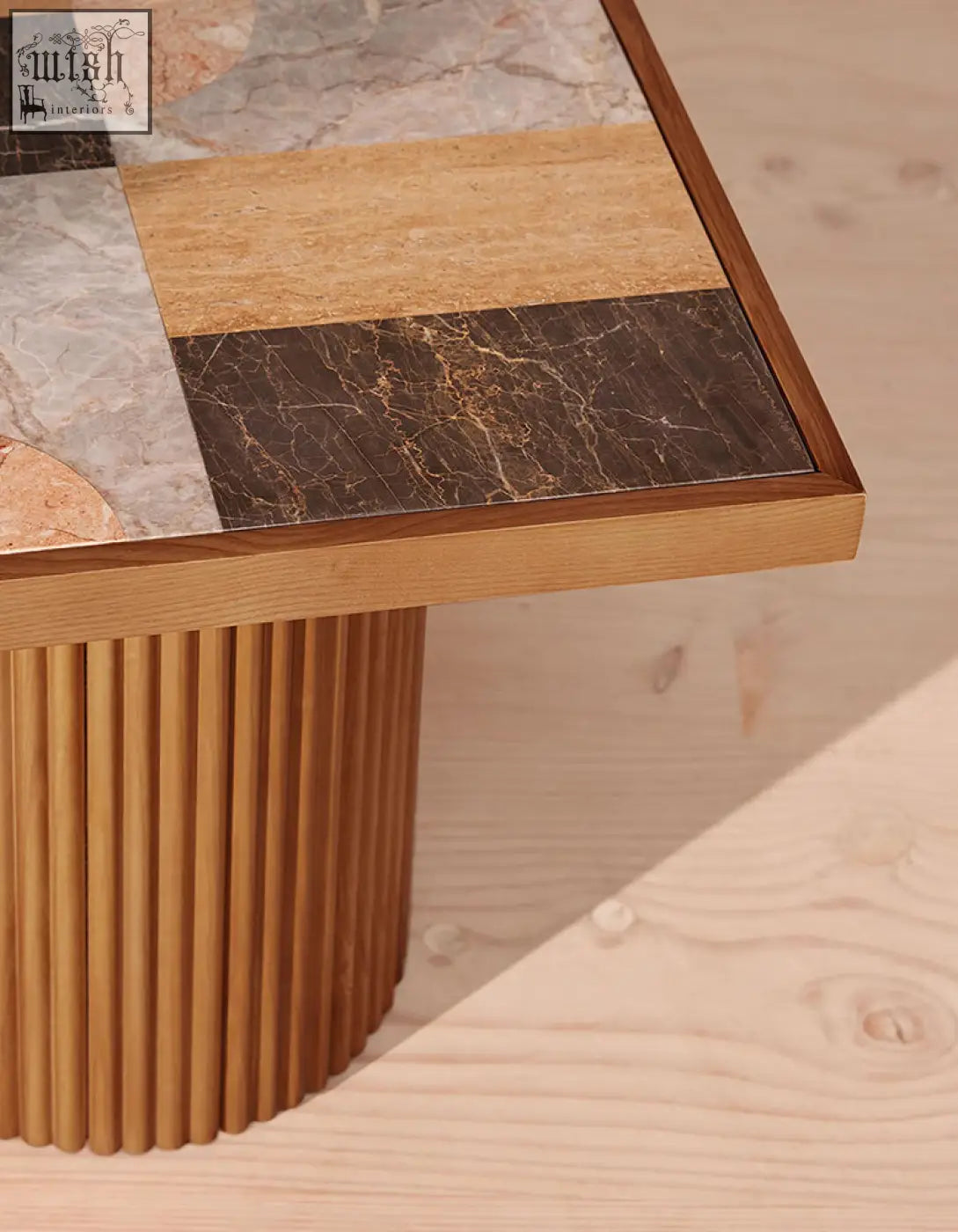 A modern d’souza square side table with a solid wood frame and mosaic marble top in earthy tones offers financing options