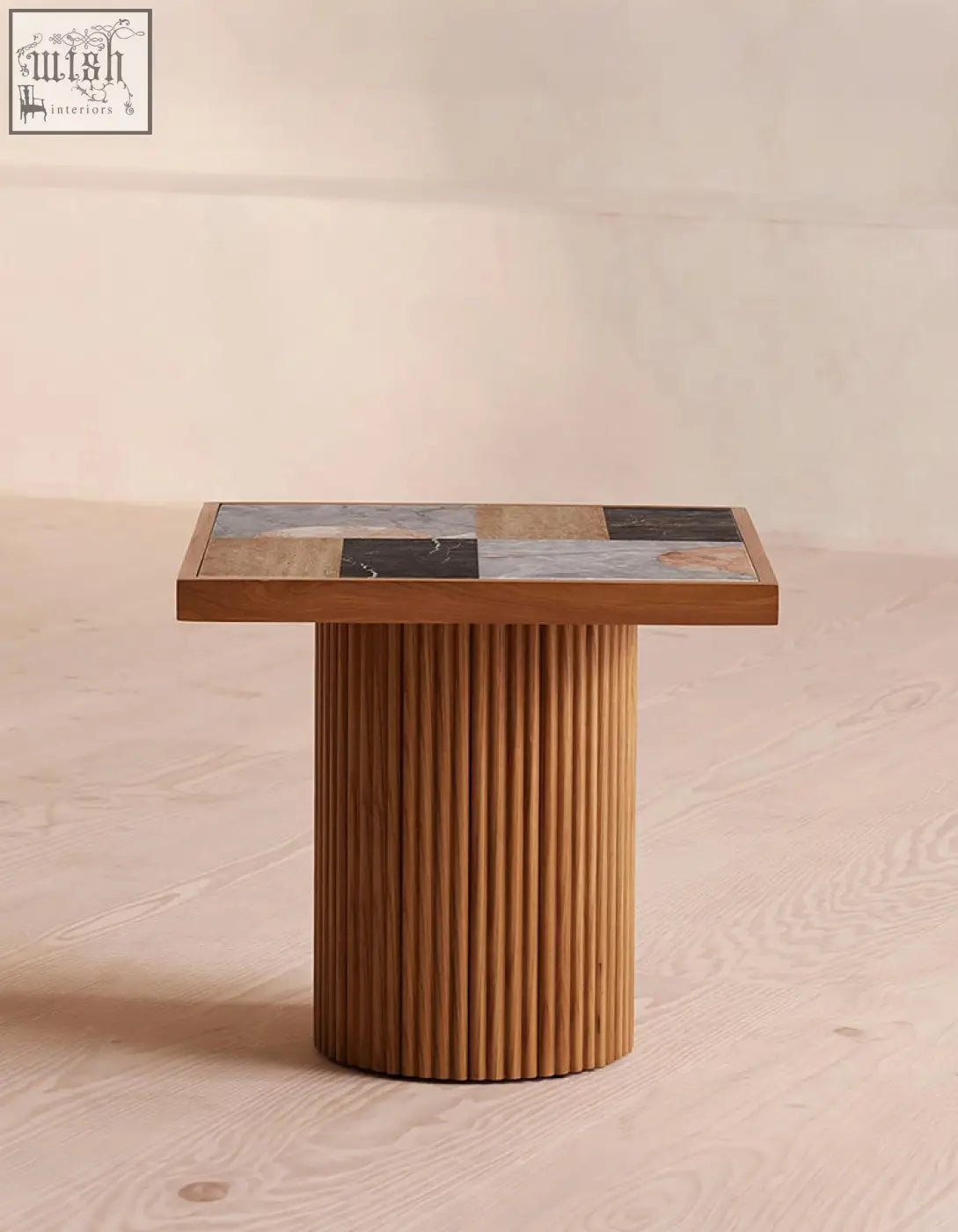 D’souza square side table combines solid wood ribbed base with a colorful marble mosaic top and low shipping cost