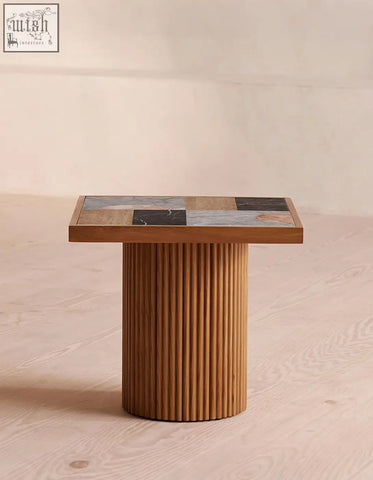 D’souza square side table combines solid wood ribbed base with a colorful marble mosaic top and low shipping cost