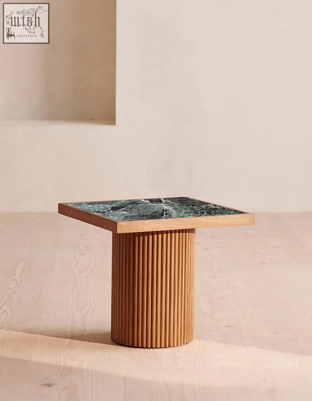 D’Souza square side table combines solid wood base with dark green marble top and vertical fluted grooves, offer financing