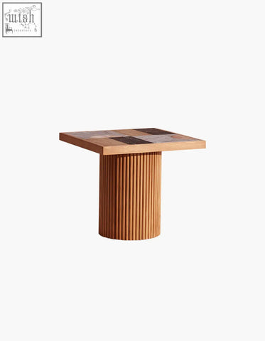 D’souza square side table combines solid wood fluted pedestal base with natural stone mosaic tabletop in earthy tones offer financing