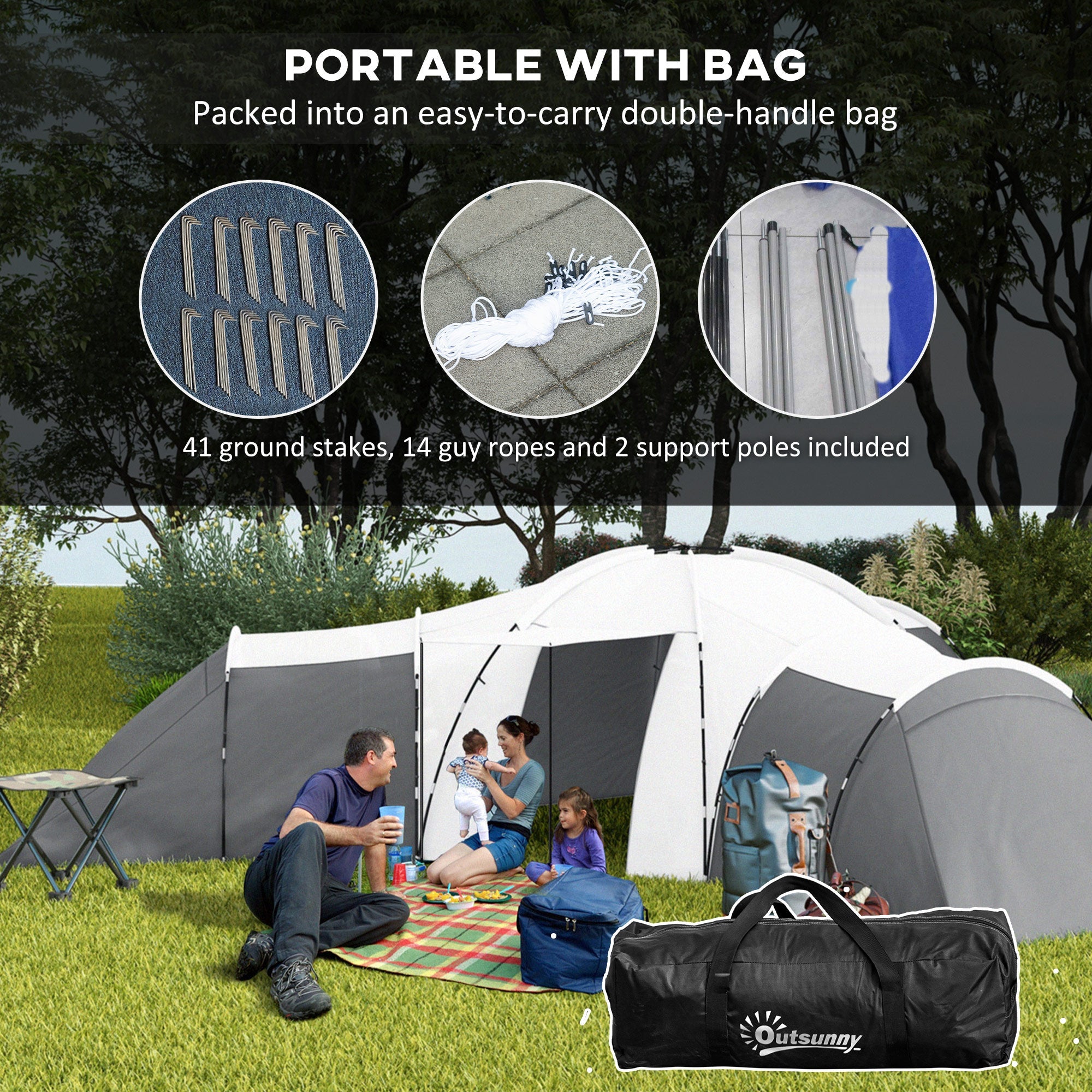 Outsunny 6-9 Man Tent with Bedrooms and Living Room, Accessories Included, Dark Grey