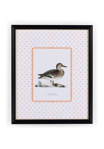 Black-framed duck ii art print with detailed brown green duck illustration on white background with rose gold polka dots