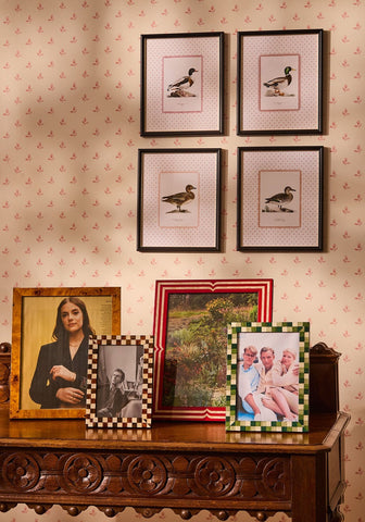 Four framed duck illustrations with pink borders in black frames displayed above picture frames on wooden console table