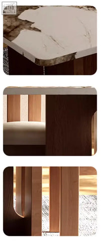 Modern dudley dining table with white marble effect top and dark wood legs featuring vertical slats design