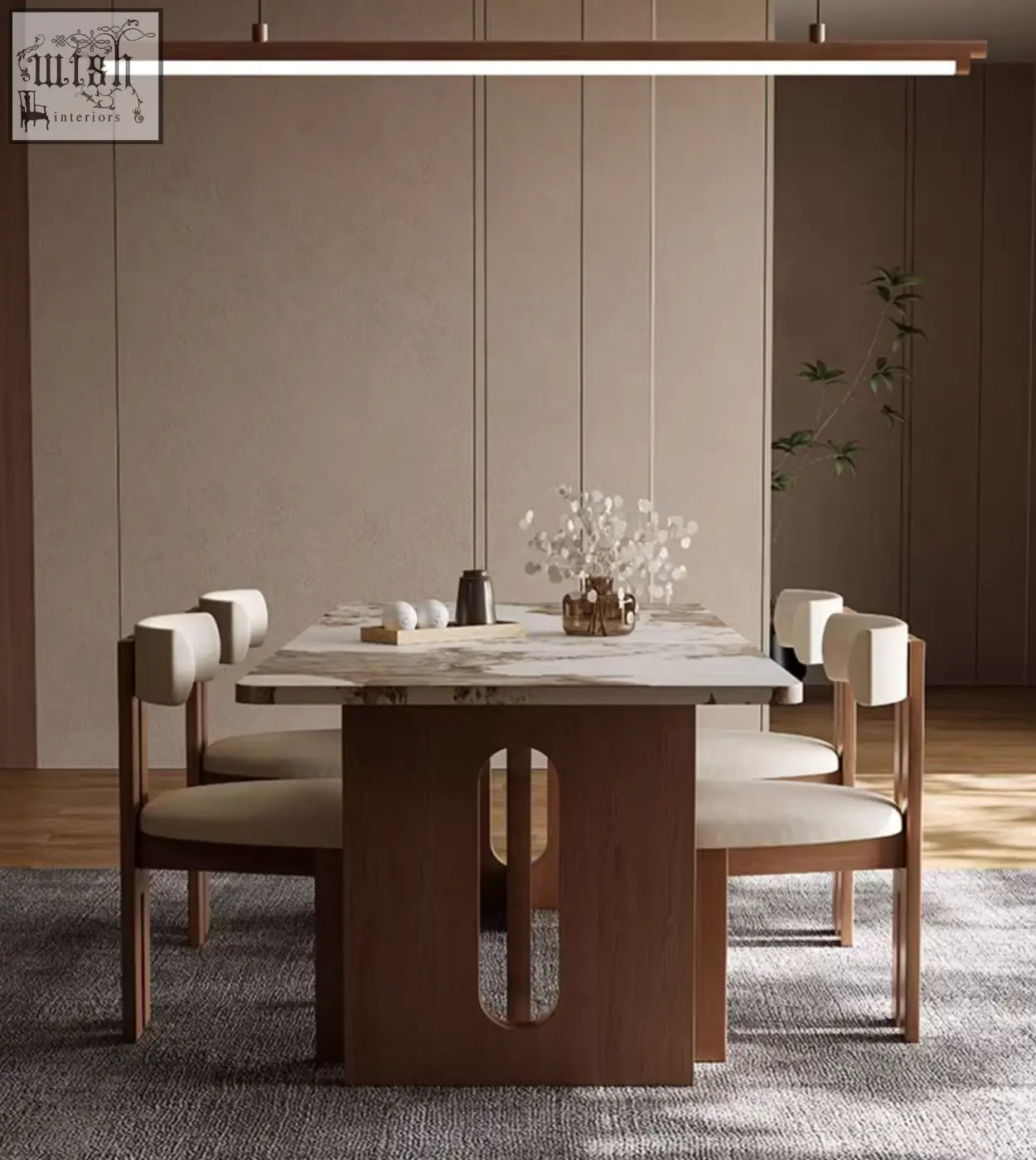 Modern dudley dining table with marble effect top and dark wood base with oval cutout surrounded by matching chairs