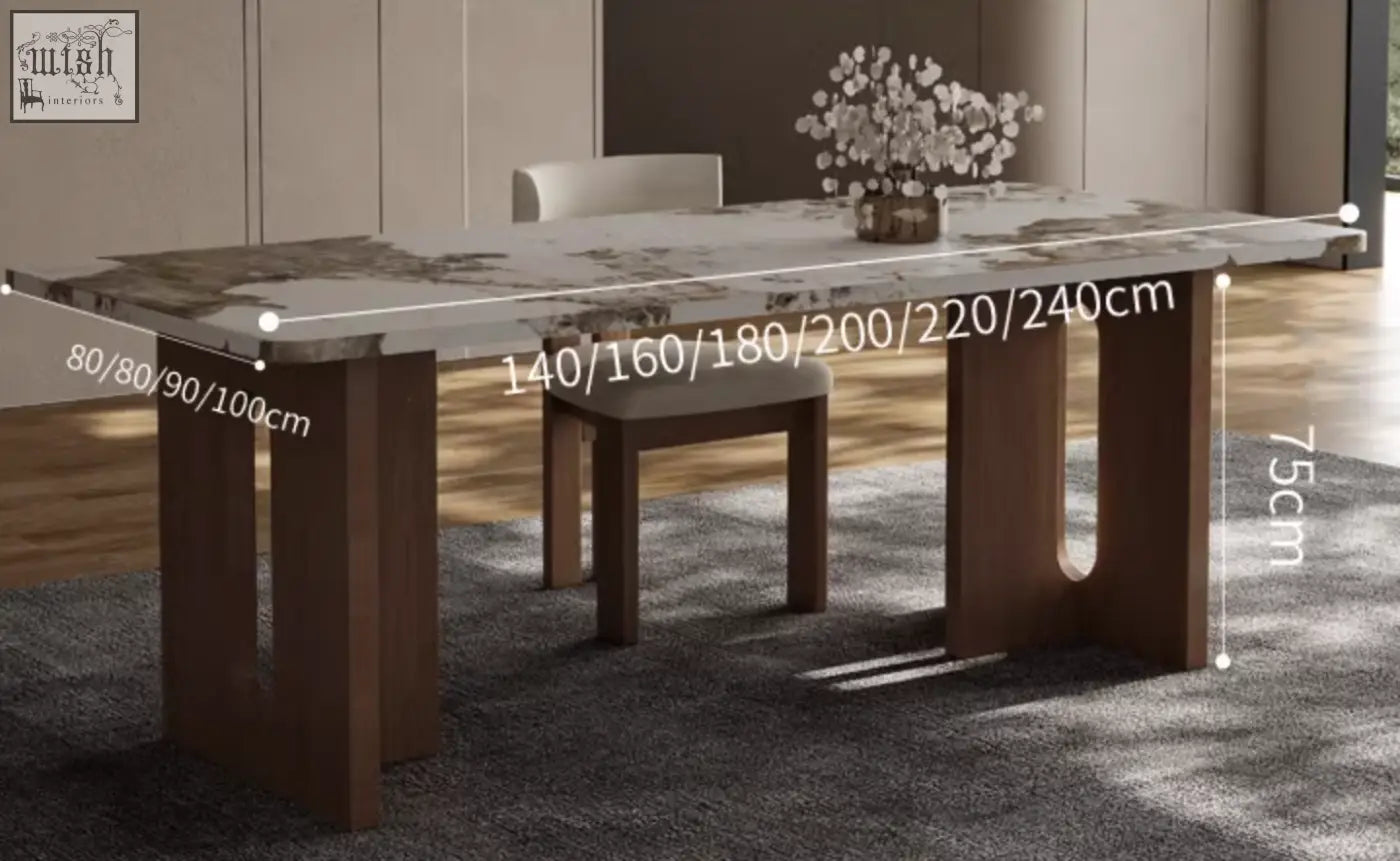 Modern dudley dining table with marble effect top and dark wood legs adjustable from 140 to 240 cm