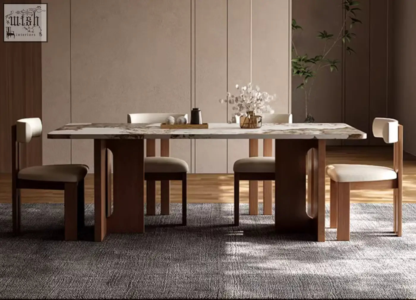 Modern dudley dining table with polished marble effect top and sleek dark wood legs for stylish dining areas