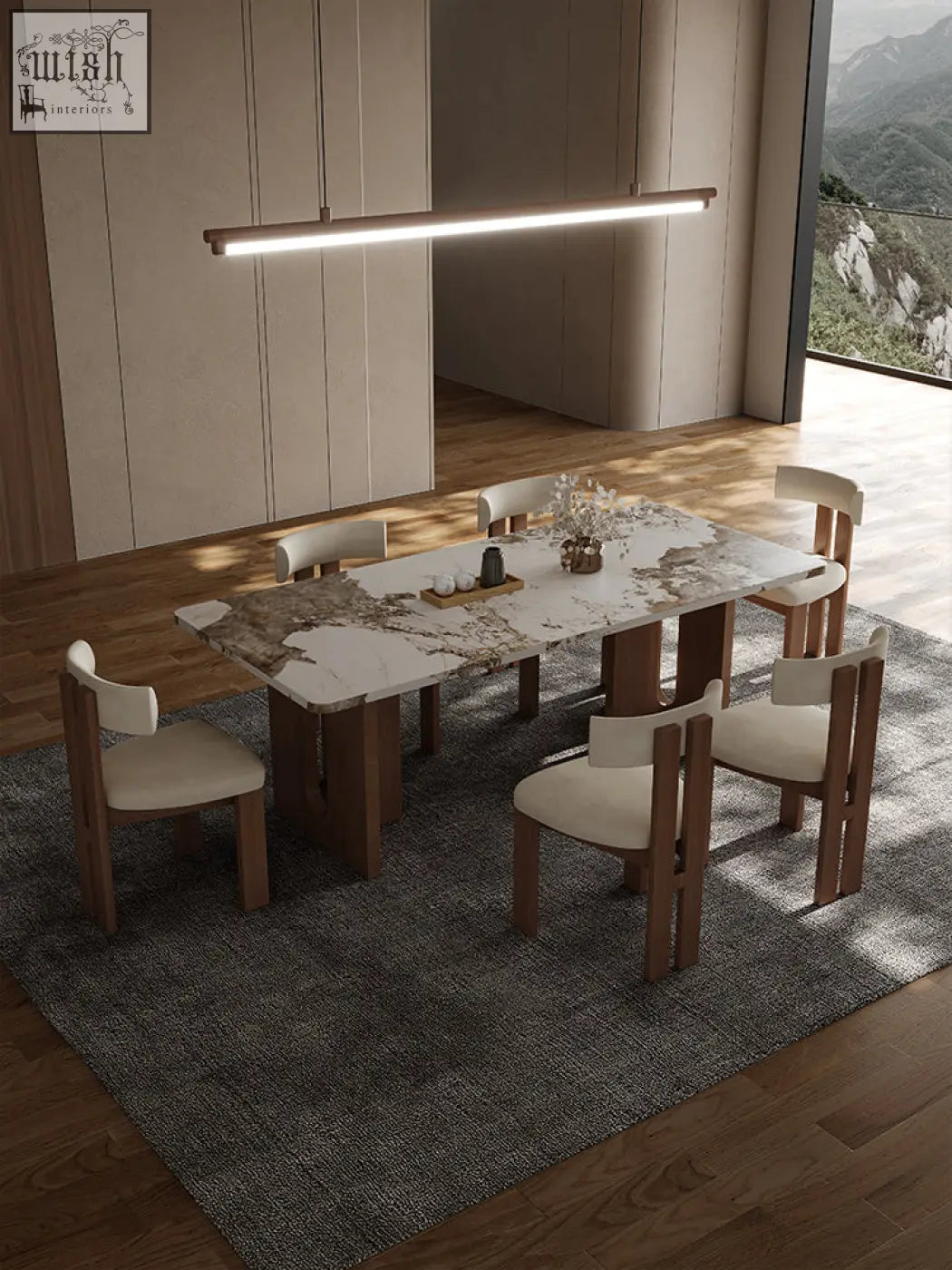 Modern dudley dining table with white marble effect top and wooden legs surrounded by matching minimalist chairs
