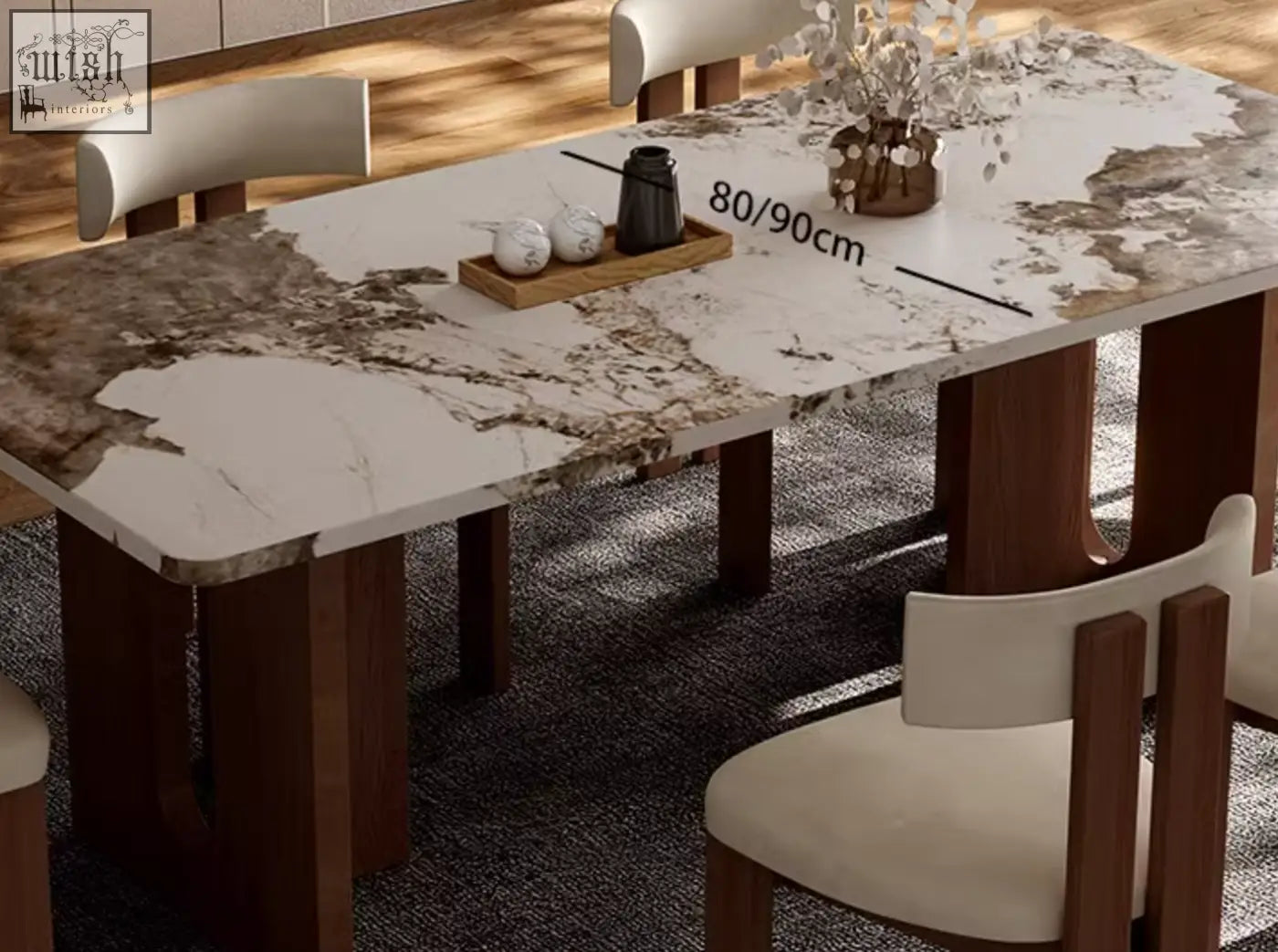 Modern dudley dining table with white and brown marble effect top dark wood legs and matching upholstered chairs