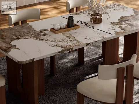 Modern dudley dining table with white and brown marble effect top dark wood legs and matching upholstered chairs