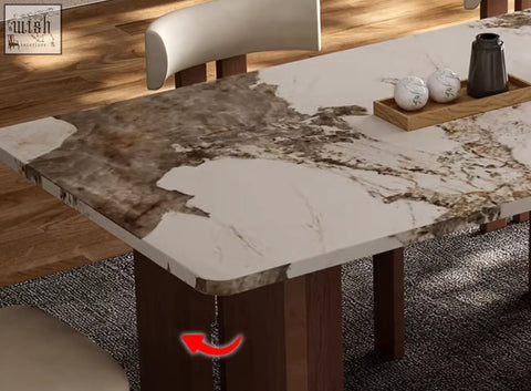 Modern dudley dining table with white and brown marble effect top and dark wood legs for stylish dining room