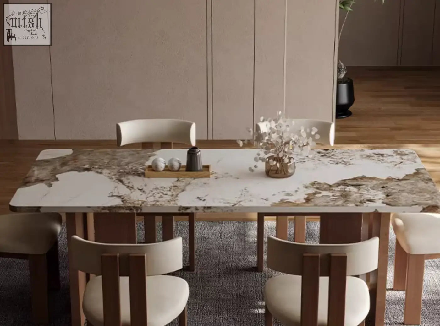 Modern dudley dining table with white and gold marble effect top and sleek wooden legs for stylish dining