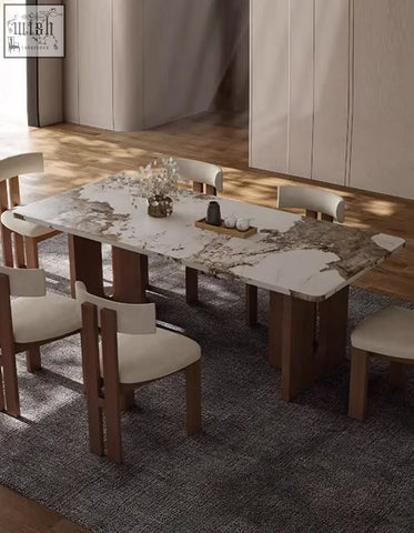 Modern dudley dining table with white and gray marble effect top and sturdy wooden legs with matching chairs