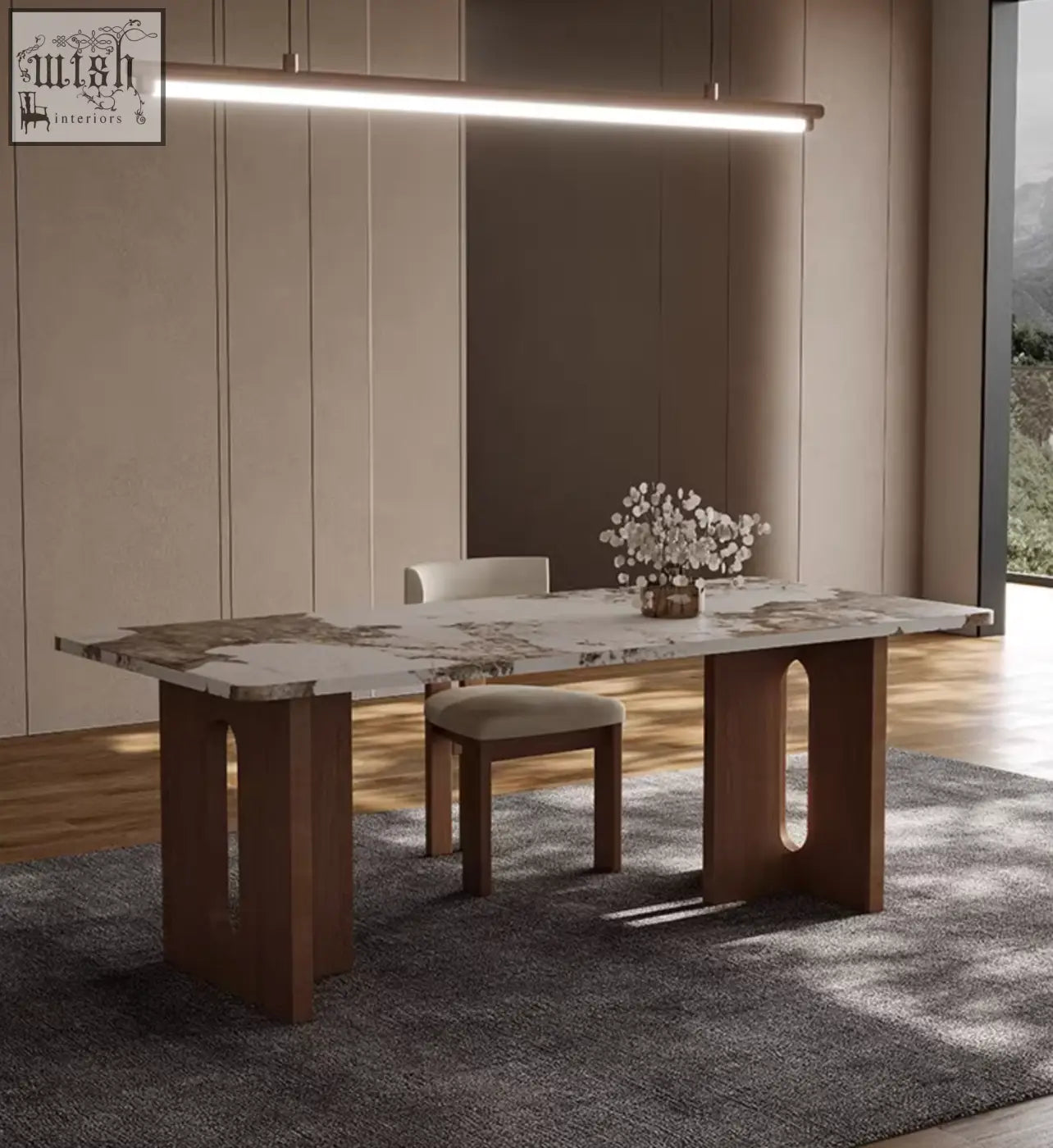 Modern dudley dining table with white and gray marble effect top and dark wood legs featuring oval cutouts