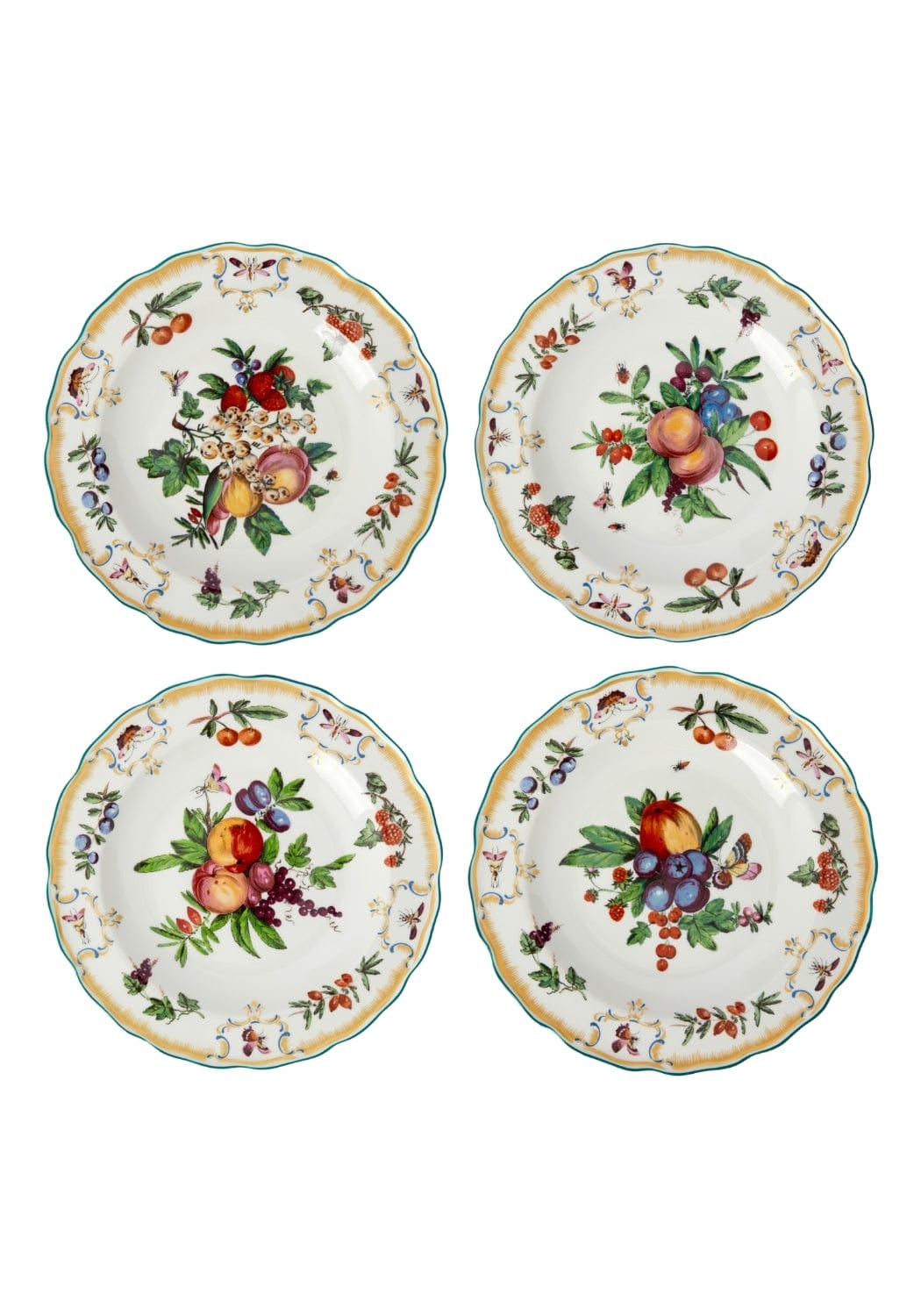 Set of four white ceramic duke of gloucester side plates with hand painted fruit floral designs and gold rim