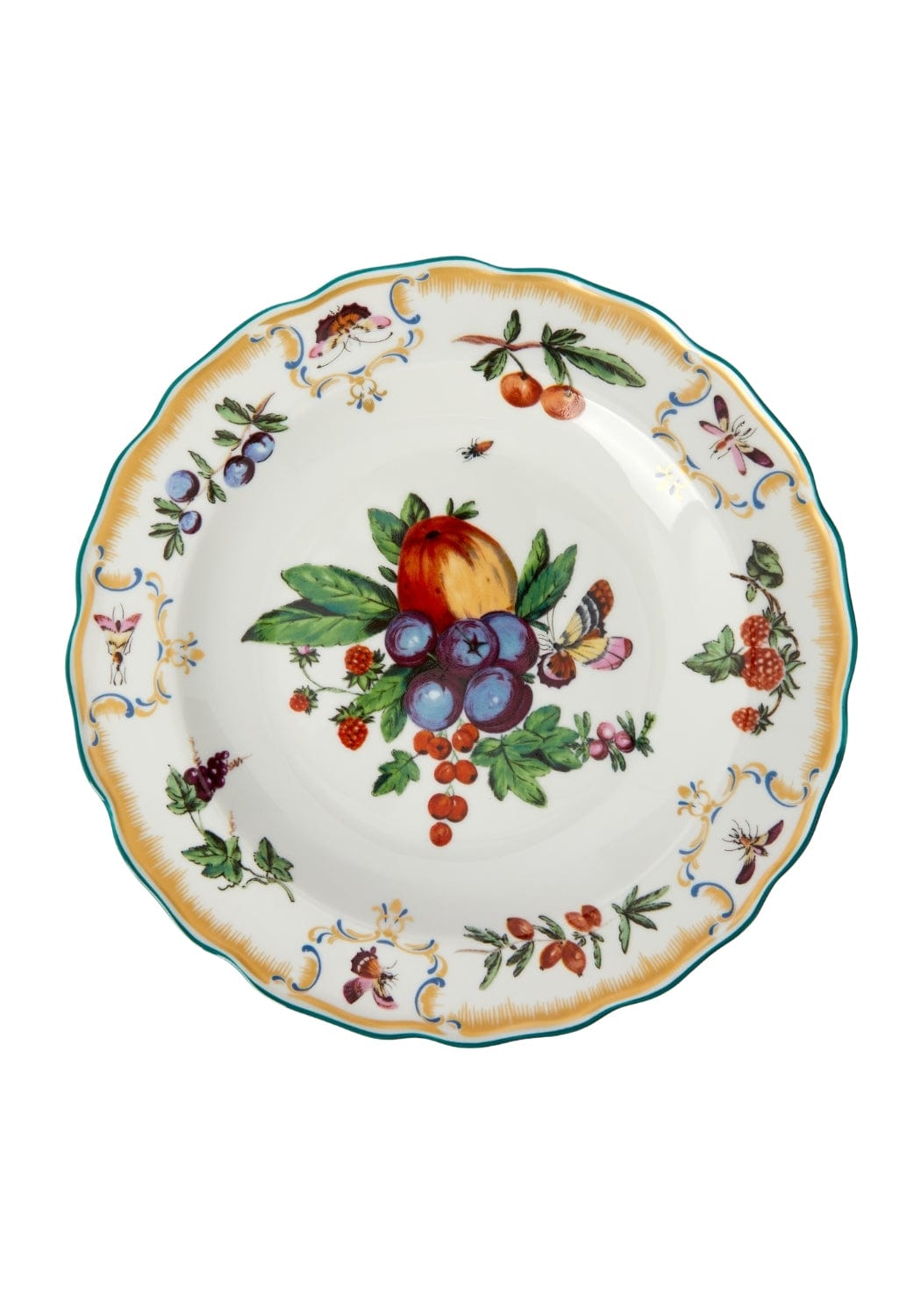 White ceramic duke of gloucester side pudding plate with scalloped edge and colorful fruit butterfly design set of 4