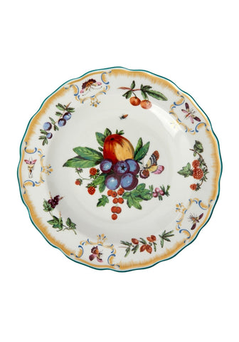 White ceramic duke of gloucester side pudding plate with scalloped edge and colorful fruit butterfly design set of 4