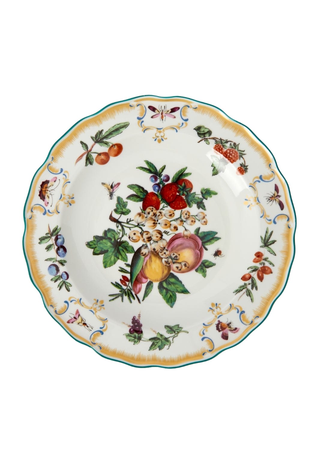 A white ceramic duke of gloucester side plate with scalloped edge and colorful hand painted fruit illustrations