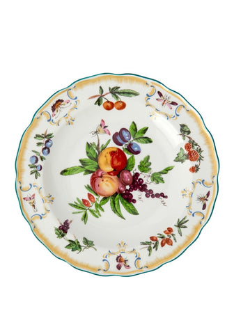 A white ceramic duke of gloucester side plate set of 4 with scalloped edges and colorful fruit and butterfly designs