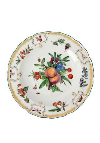 A white ceramic duke of gloucester side plate with scalloped edges and colorful hand painted fruit and insect designs