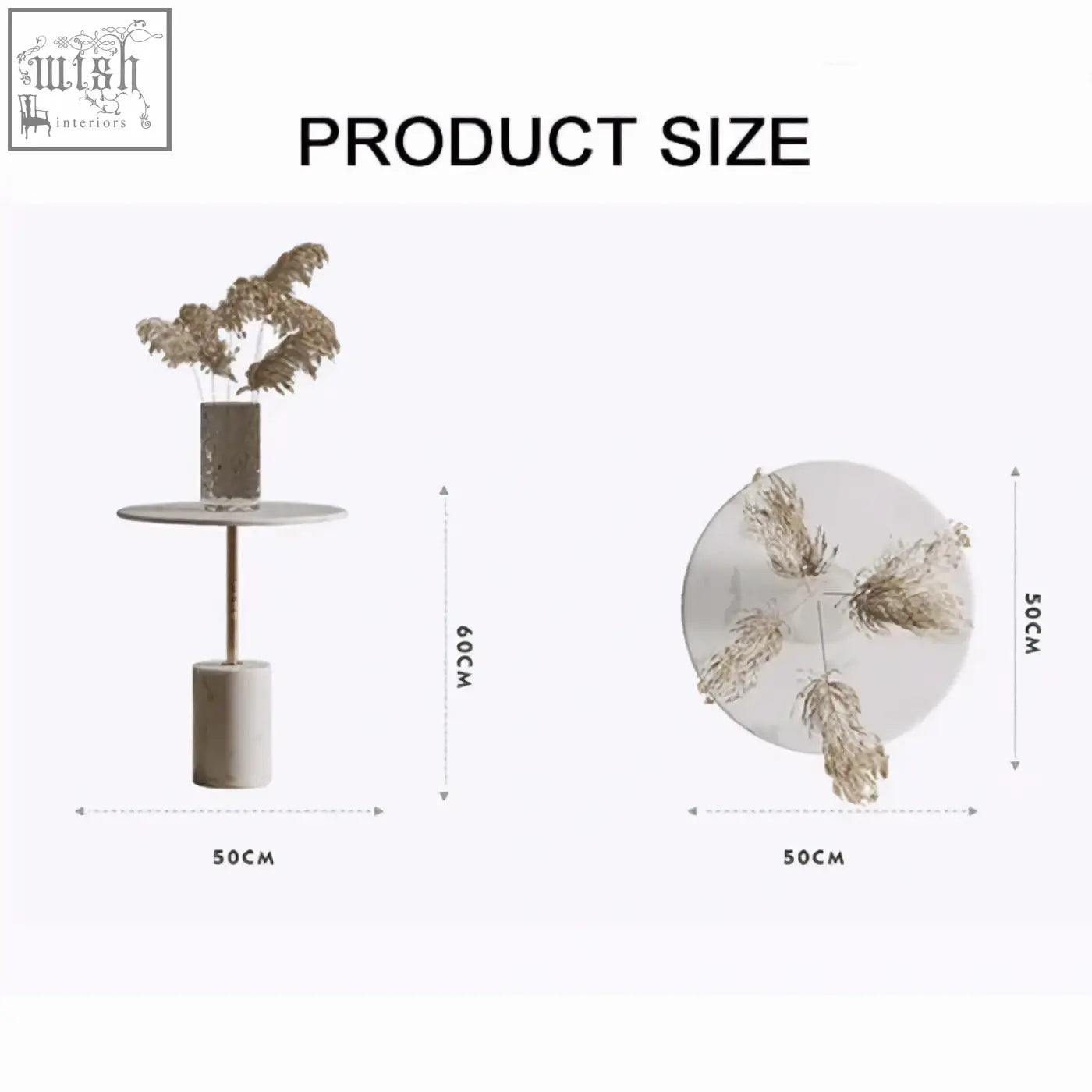 Minimalist dulcie side table marble with a matte white concrete base gold-toned metal legs and circular marble top