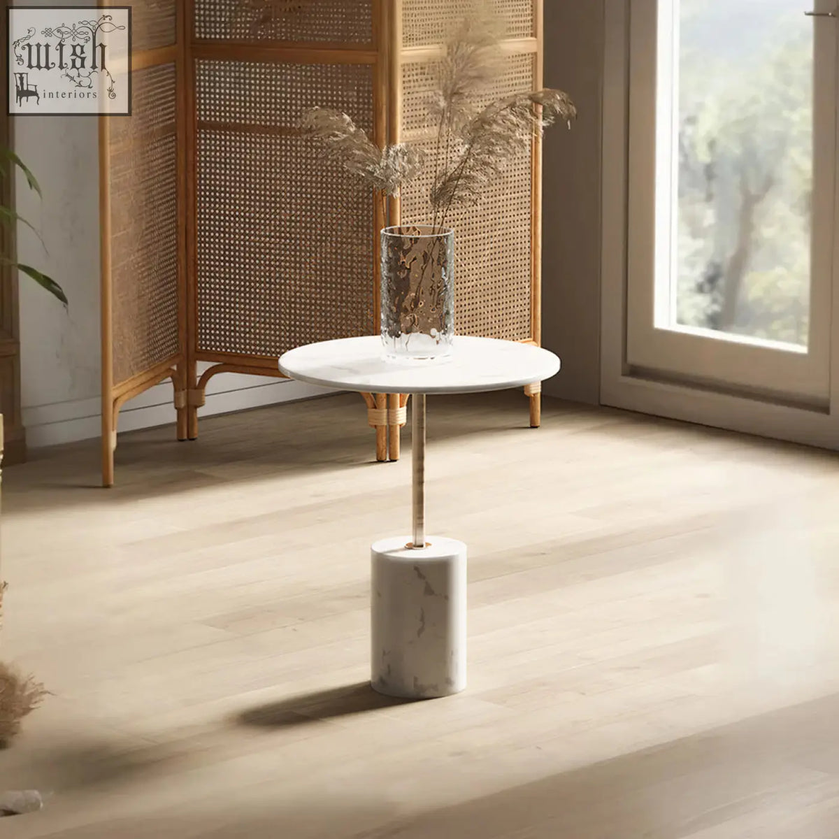 White marble dulcie side table with cylindrical base and slender metal stem supporting round tabletop