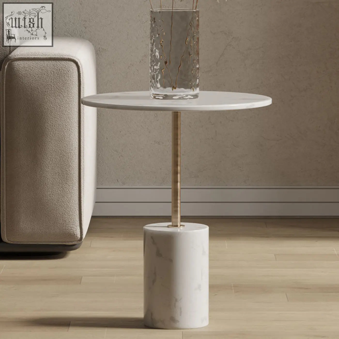 White marble dulcie side table with cylindrical base and slim gold metal stem perfect for stylish living spaces