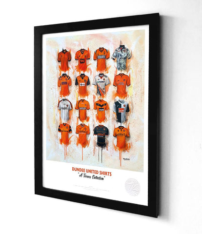 A sleek black framed print showcasing dundee united football shirts in various colors and designs for wall art