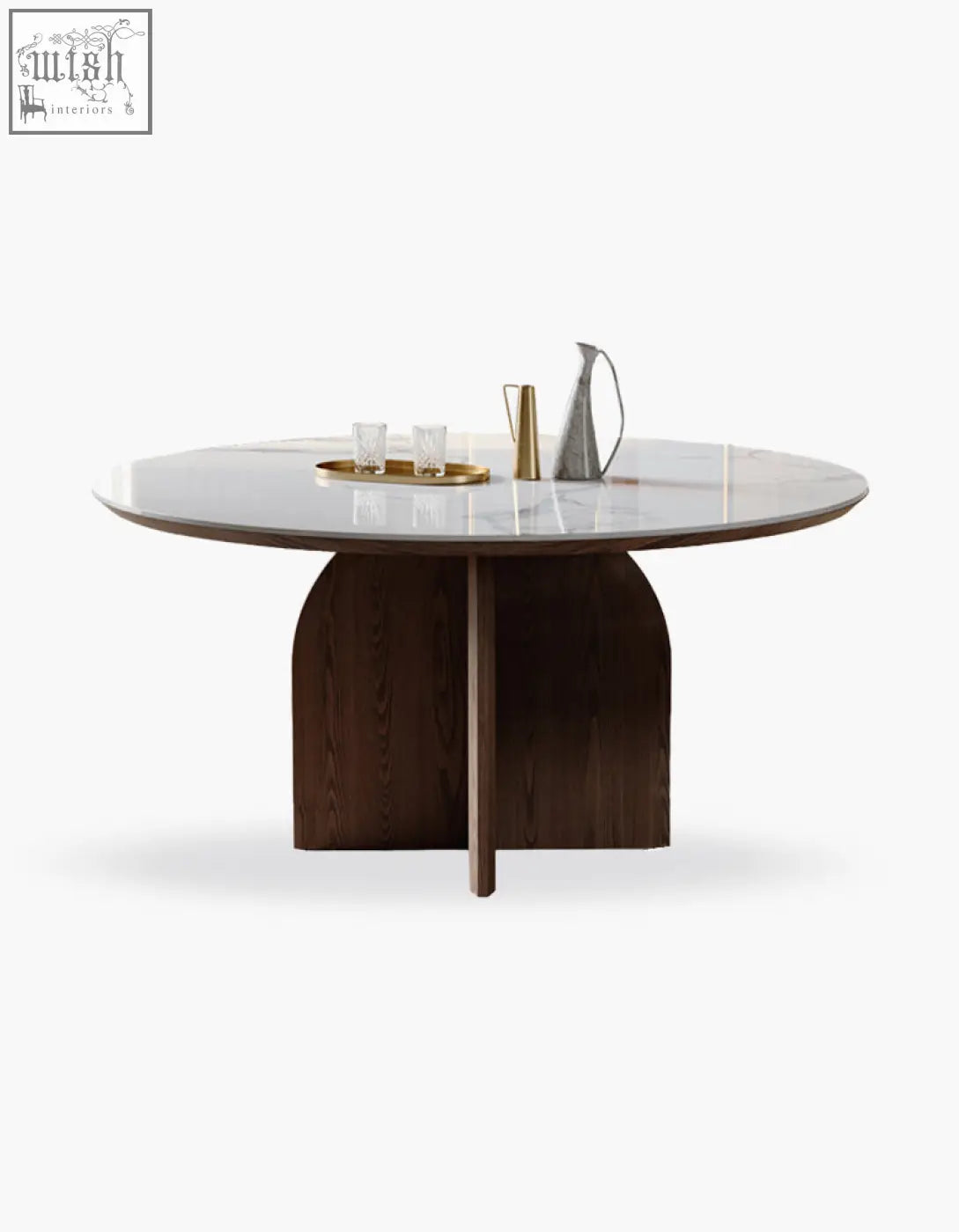 Modern dunlap dining table with round white marble top and dark wood arched base perfect for stylish dining room
