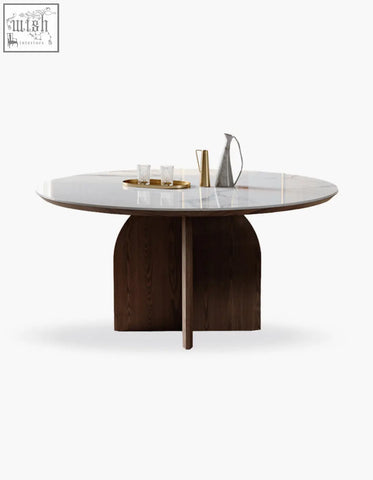 Modern dunlap dining table with round white marble top and dark wood arched base perfect for stylish dining room