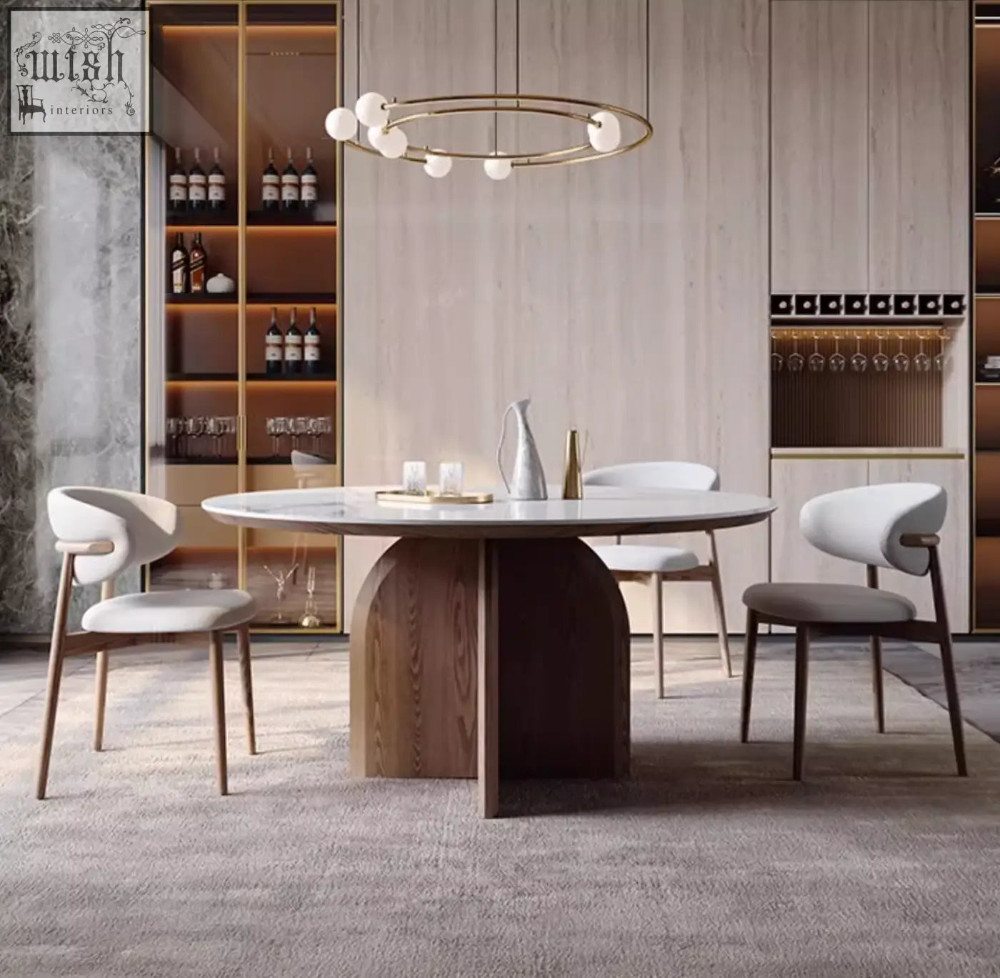 Modern dunlap dining table with white marble top and dark wood arched base perfect for stylish dining spaces