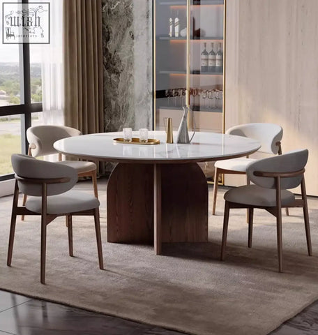 Modern round dunlap dining table with white marble top and dark wood base perfect for stylish dining space