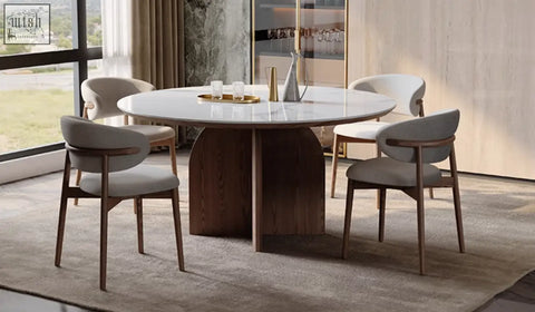 Modern round dunlap dining table with white marble top and dark wood base perfect for stylish dining spaces