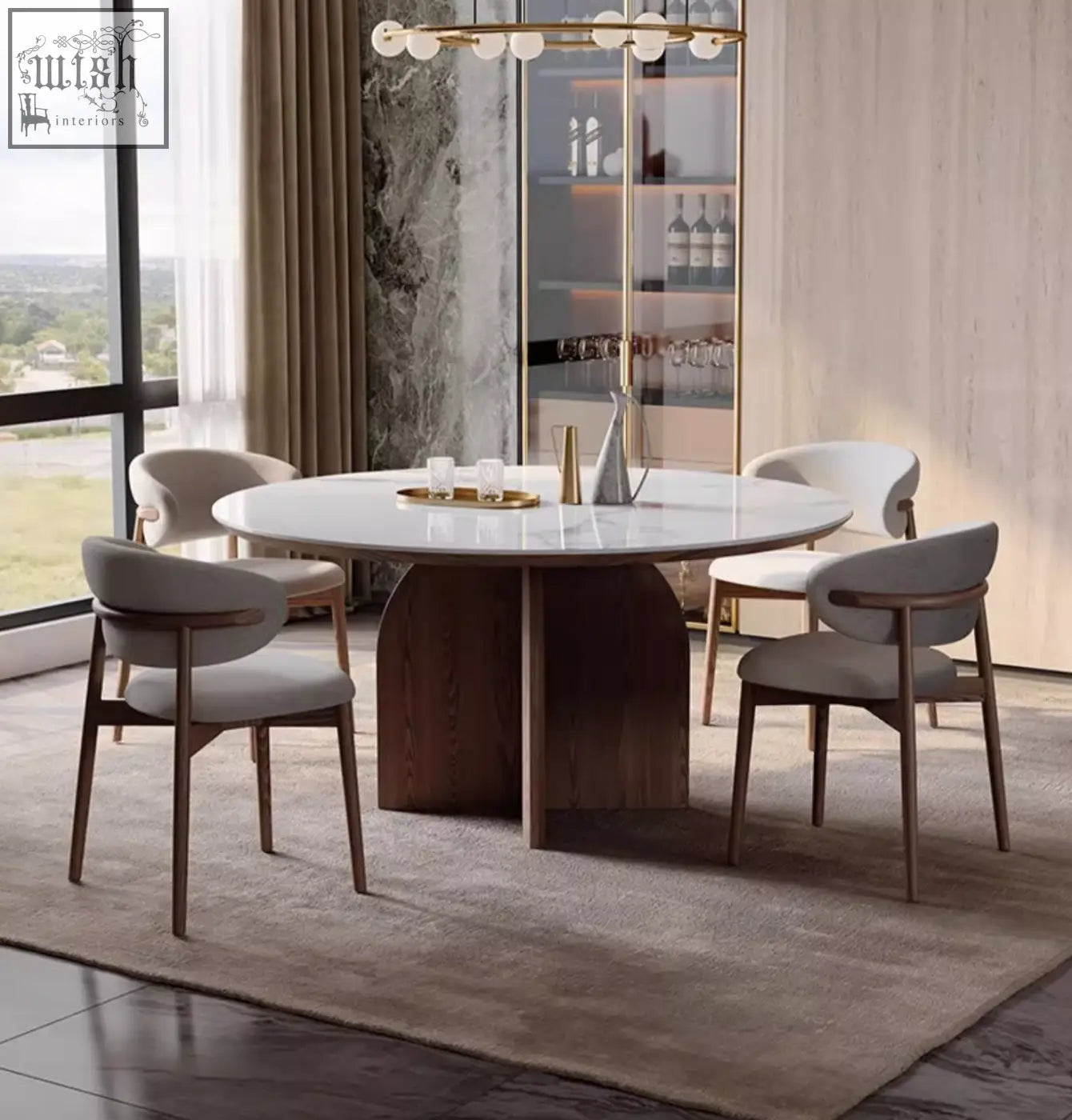 Modern round dunlap dining table with white marble top and dark wood base perfect for stylish dining spaces