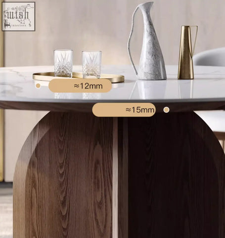 Modern dunlap dining table with sleek white marble top and dark wood curved arched legs ideal for dining rooms