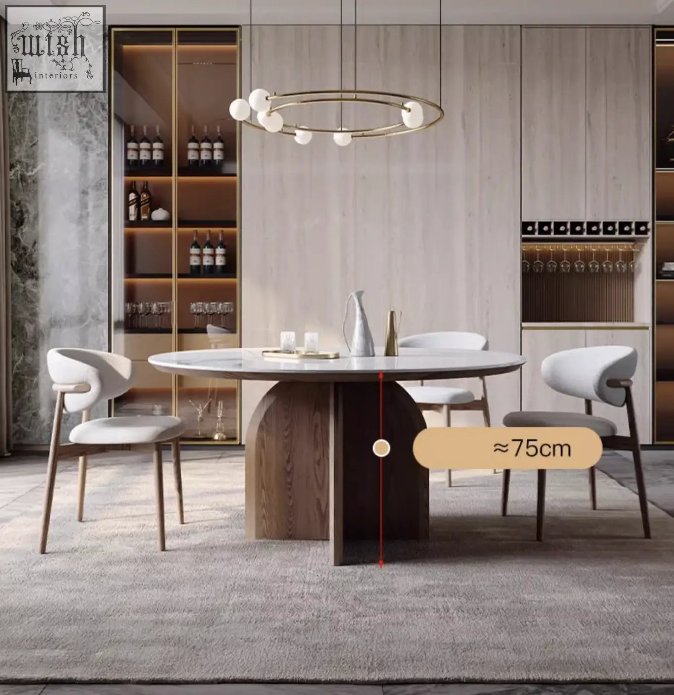Round dunlap dining table with marble top and dark wood base with storage cabinets in background for dining use