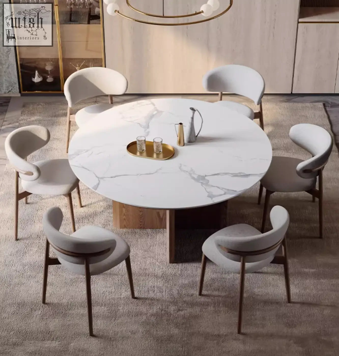 Round white marble dunlap dining table with central wooden base and six upholstered chairs in sintered stone finish
