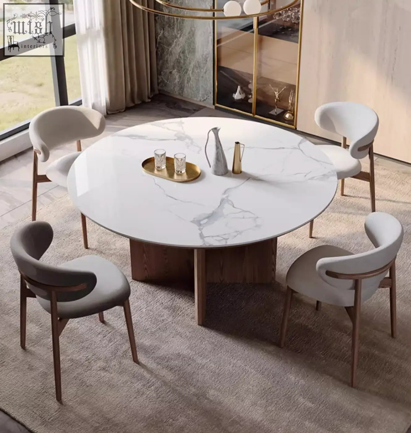 Round white marble dunlap dining table with central wooden base and four matching upholstered chairs in sintered stone