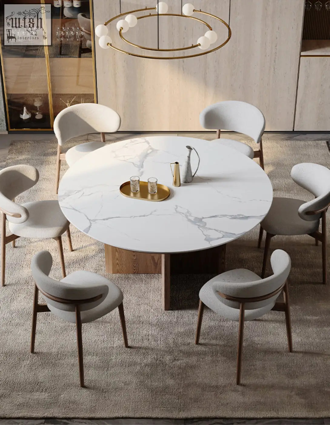 White marble dunlap dining table with sleek modern design and dark wood legs made of sintered stone