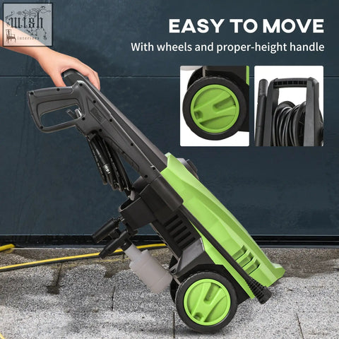 Green and black durhand 1800w portable pressure washer with wheels handle spray gun and 150 bar pressure power cord