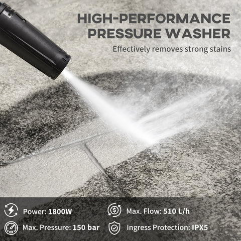 DURHAND 1800W High\'c2\'a0Pressure\'c2\'a0Washer, 150 Bar Pressure, 510 L/h Flow, High-Performance Portable Power Washer Jet Wash Cleaner with 6M Hose, Snow Foam Bottle for Garden, Car, Furniture, Yellow