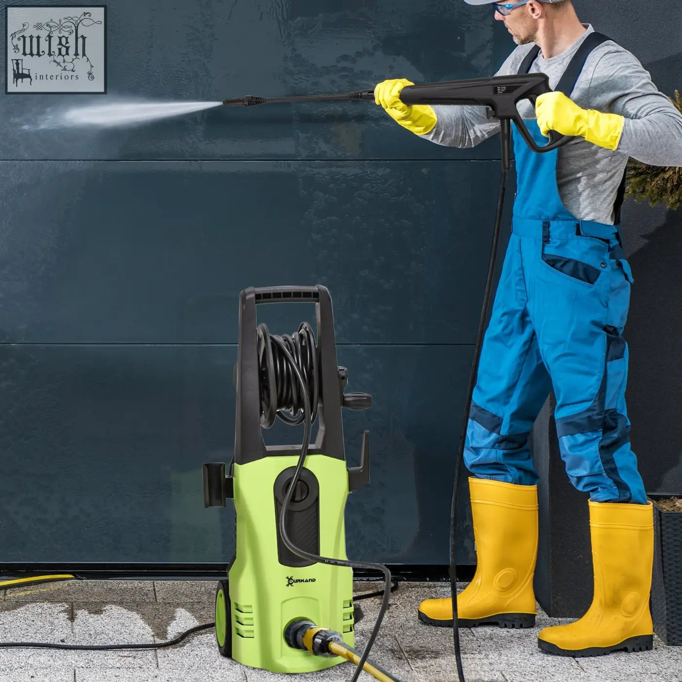 Durhand 1800w green and black pressure washer with 150 bar pressure, power cord, spray gun, and coiled hose on wheels