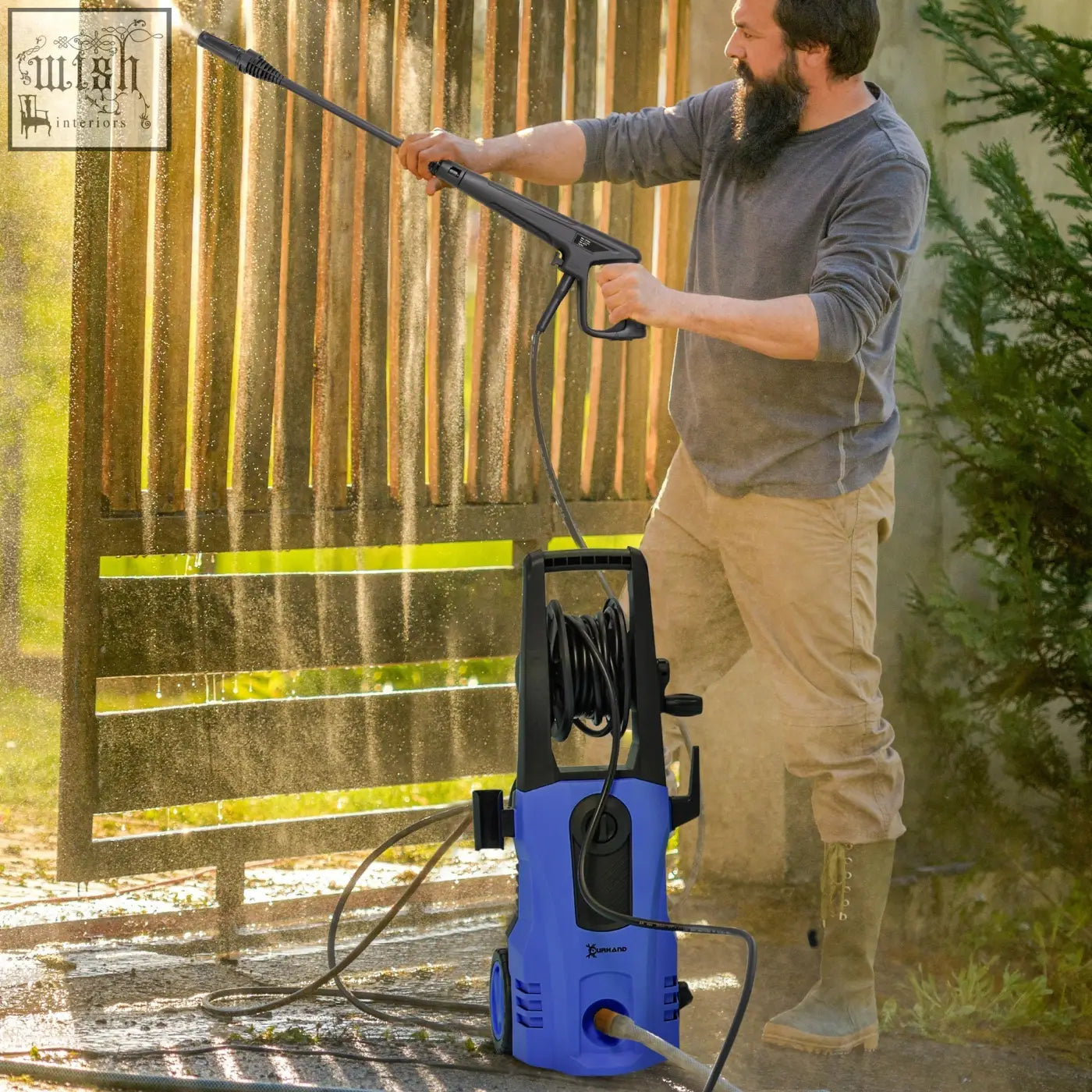 Blue and black durhand 1800w pressure washer with spray gun coiled hose 150 bar pressure and power cord
