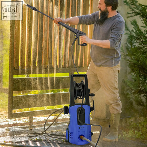 Blue and black durhand 1800w pressure washer with spray gun coiled hose 150 bar pressure and power cord