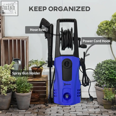 Durhand 1800w blue black pressure washer with 150 bar pressure spray gun holder coiled hose reel and power cord hook