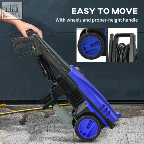 Blue and black durhand 1800w portable pressure washer with 150 bar pressure, spray gun, wheels, power cord, and retractable hose